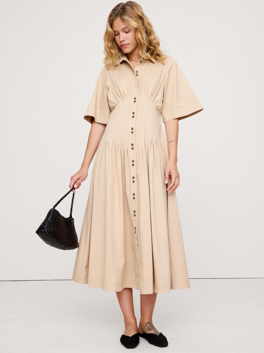 white christmas dresses Stretch-Cotton Poplin Pintuck Long-Midi Shirt Dress – Banana Republic
