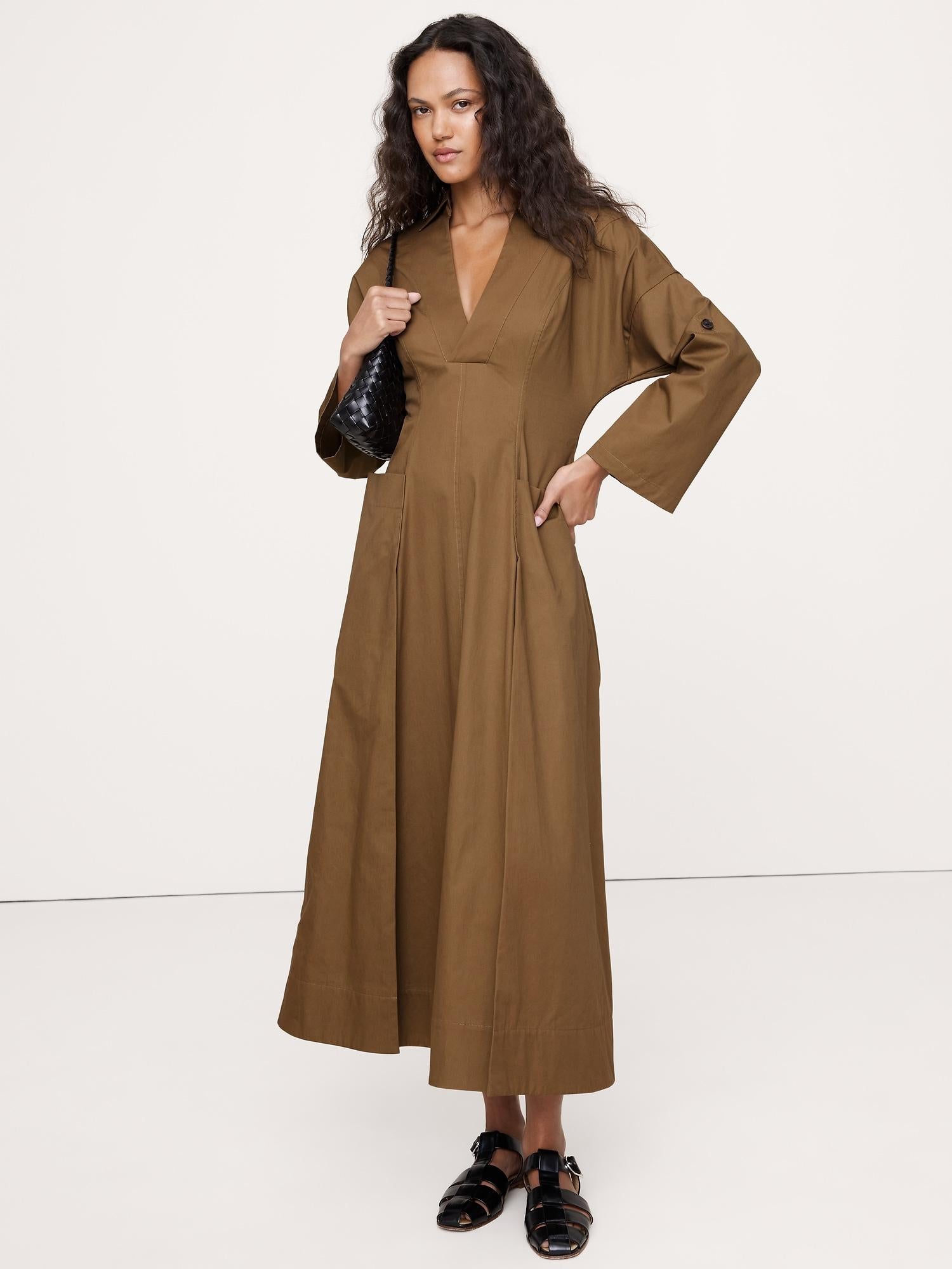 banana republic brown dress Cotton Twill Long Midi – SheinApprovedBrands and high slits at Color:Light Grey Blush Satin Bridesmaid Dresses丨Azazie