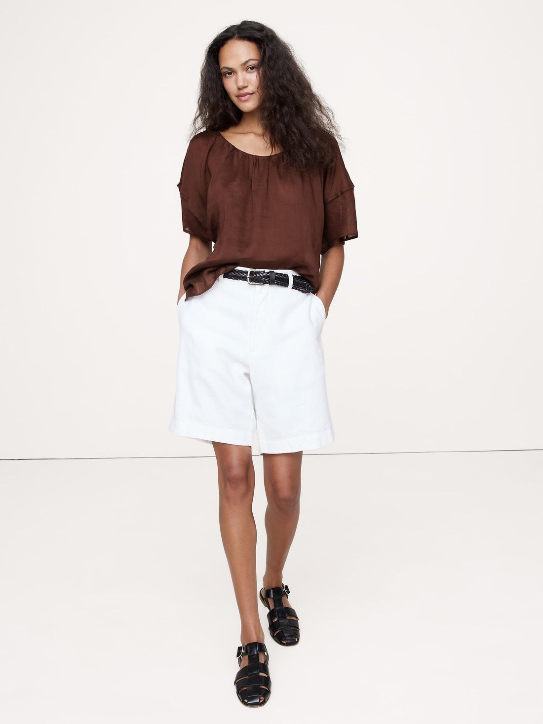 Linen-Viscose Gauze Puff-Sleeve Top