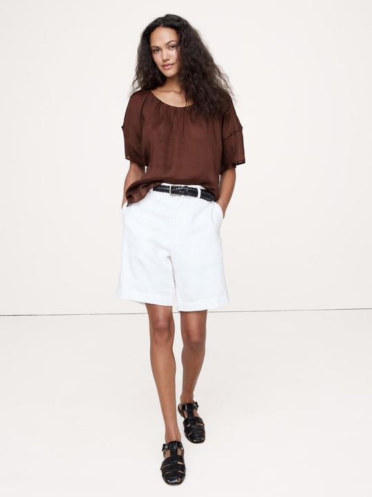 Linen-Viscose Gauze Puff-Sleeve Top