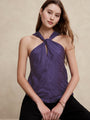 Silky Twist-Front Halter Blouse